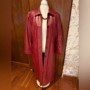 ⚜️VINTAGE EXCELLED RED/BURGUNDY LENGTH LEATHER TRENCH COAT WITH QUILTED LINING